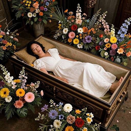 Photograph of a sleeping woman in a white, lace-trimmed dress, surrounded by a vibrant array of colorful flowers in an ornate, vintage