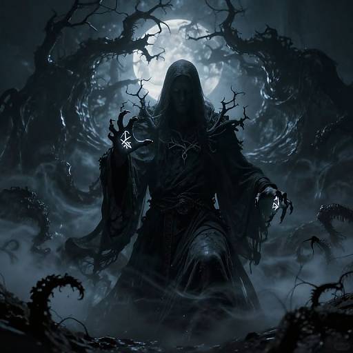 Digital art: Silhouetted, hooded figure with twisted, blackened limbs stands under a glowing full moon, surrounded by dark, eerie branches