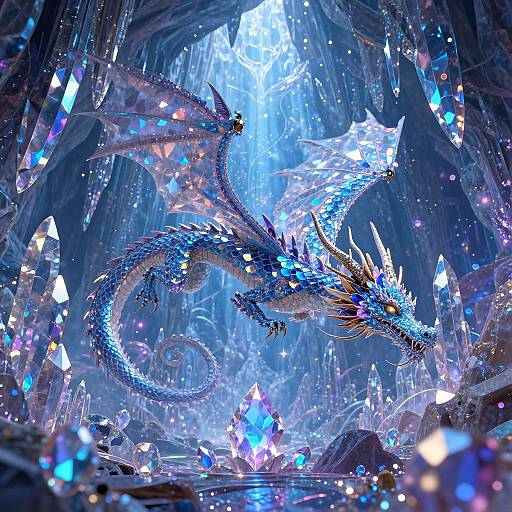 Digital fantasy artwork of a majestic blue dragon with glowing crystal wings and scales, soaring through a radiant, ice-filled cavern.