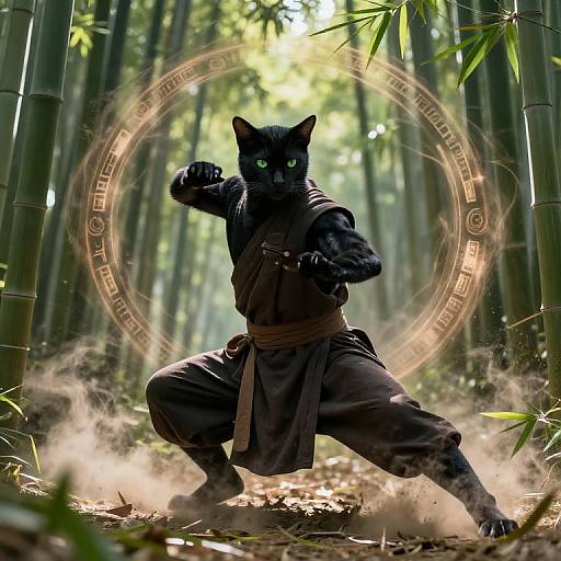 Digital artwork of a black cat martial artist in a forest, wearing a brown robe, with glowing green eyes and a mystical circle aura, kicking up dust