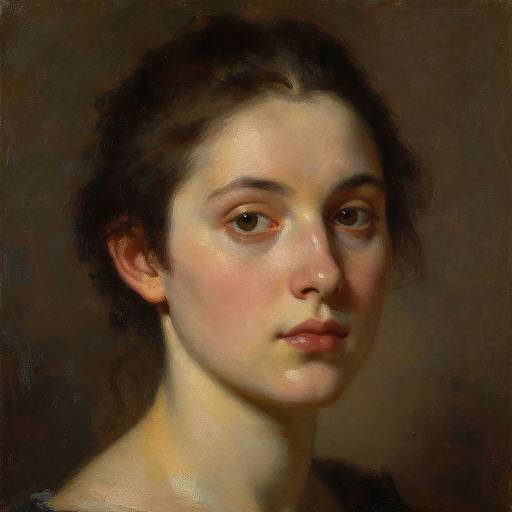 Realistic digital painting of a young woman with fair skin, dark brown hair, and soft brown eyes, set against a dark brown background.