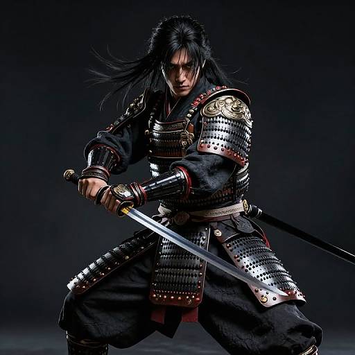Photograph of a fierce samurai with long black hair, wearing detailed, silver-embellished armor, holding a sheathed sword, against a