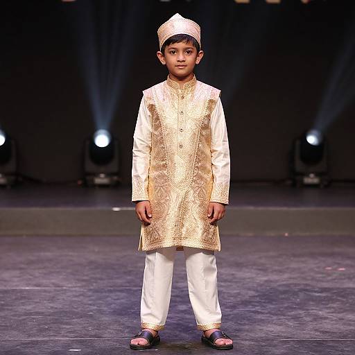 Photograph of a young boy wearing a gold embroidered kurta, white pants, black shoes, and a white cap, standing on a dark stage with