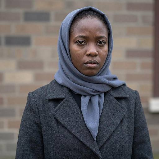 Serious Woman in Gray-Blue Headscarf