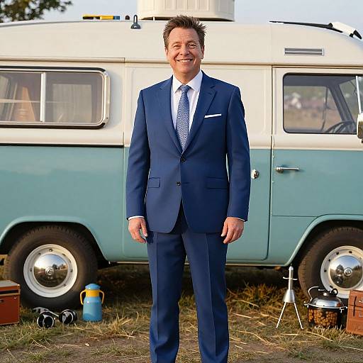 Photograph of a smiling man in a navy blue suit and tie standing in front of a vintage light blue and white van.