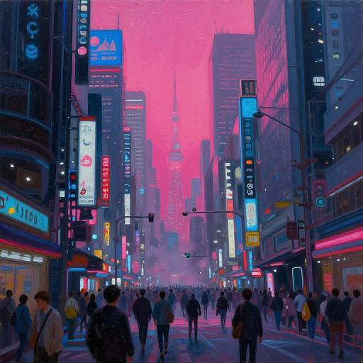 Digital painting of a neon-lit, bustling Tokyo street at dusk, crowded with people, vibrant pink and blue lights, and towering skyscrapers.