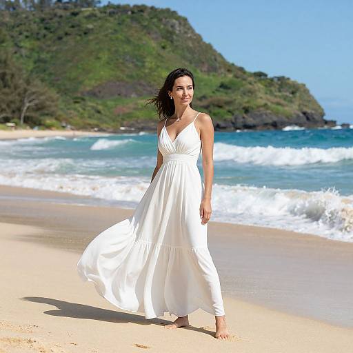 Photograph of a smiling woman with dark hair in a flowing white sundress standing on a sunny, sandy beach with waves and lush green hills in the