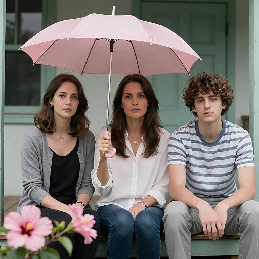 Trio on a Porch with Umbrella