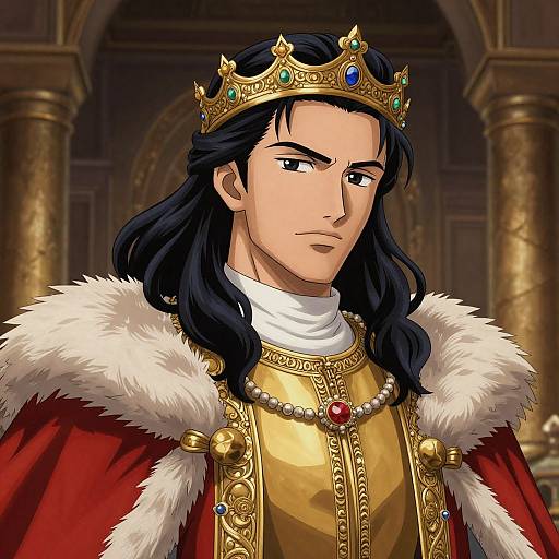 Digital anime-style portrait of a stern-faced, long-haired king with a golden crown, red and white fur-trimmed robe, and ornate gold