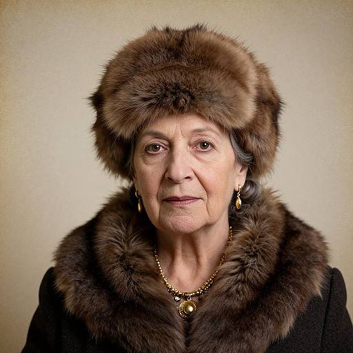Photograph of an elderly woman with fair skin, wearing a brown fur hat and coat, gold earrings, and necklace, against a plain beige background.