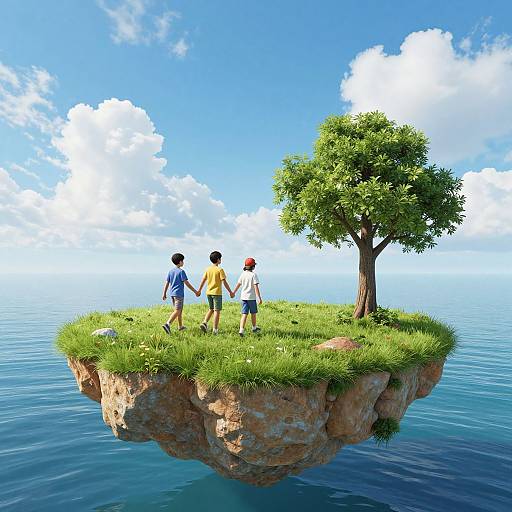 Three children holding hands, standing on a floating grassy island with a tree, against a bright blue sky and calm sea.