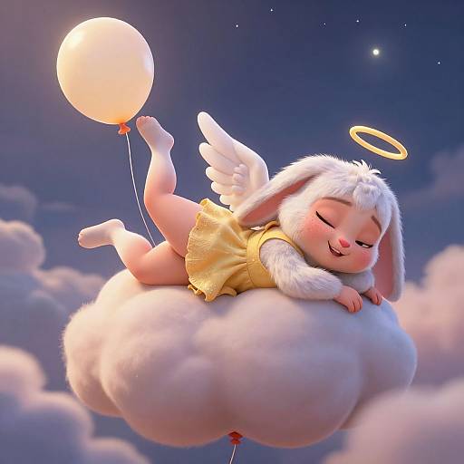 Cute CGI angel bunny with white fur, yellow dress, and halo, lying on a fluffy cloud, holding a glowing balloon. Night sky background.