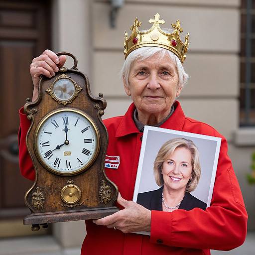 Photograph of elderly white woman with white hair, wearing gold crown, red jacket, holding antique clock and photo of smiling blonde woman. Background: beige