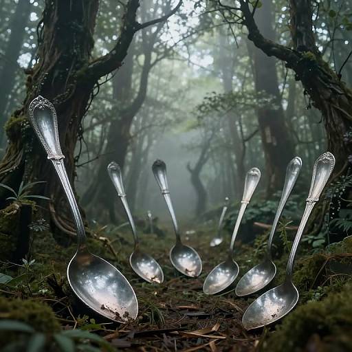 Photograph of a misty forest with several silver spoons with ornate handles floating on the ground, arranged in an arc.