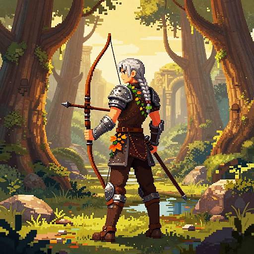 Pixel Art Elven Archer in Ancient Forest
