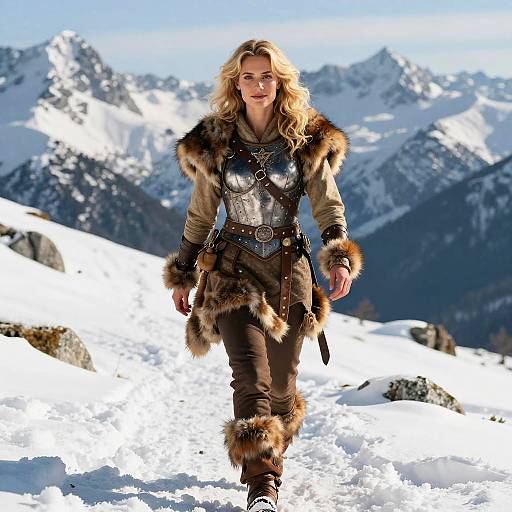 Photograph of a blonde woman in medieval armor with fur trim, walking through snowy mountains, with blue sky and peaks in background.