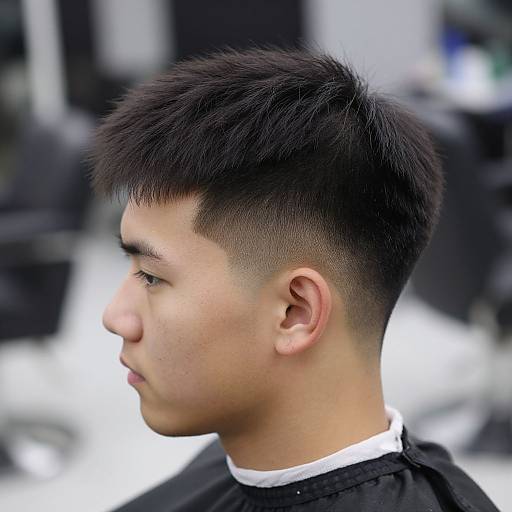 Photograph of young Asian man with short, black, buzz-cut hair, side profile, white collar, black barber cape, blurred black and white background