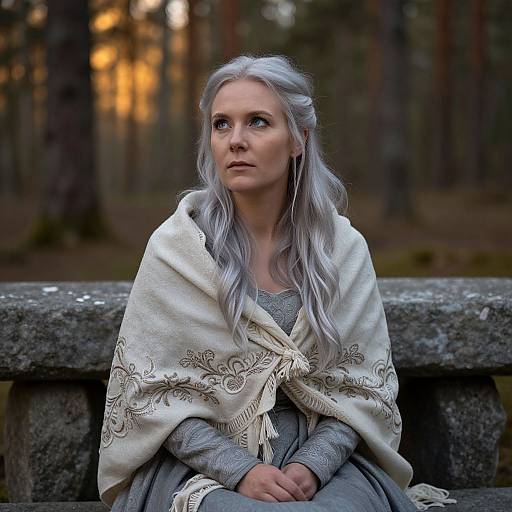 Photograph of a silver-haired woman with fair skin, wearing an ornate white shawl, sitting on a stone bench in a forest, looking upwards