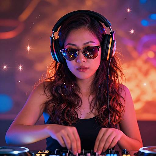 Photograph of a young woman with wavy brown hair, wearing black headphones, aviator sunglasses, and a black tank top, mixing music under colorful