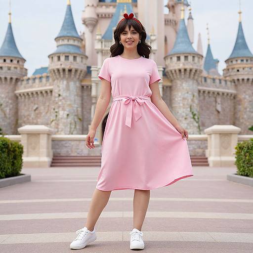 Digital illustration of a smiling Asian woman in a pink dress with a red bow, white sneakers, standing before a castle.