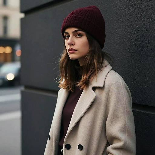 Photograph of a young woman with fair skin, brown hair, and dark eyes, wearing a maroon beanie, beige coat, and black t