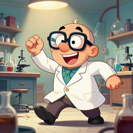 Cartoon bald scientist with large glasses, white lab coat, green tie, and black pants joyfully runs through a brightly lit laboratory with various beakers