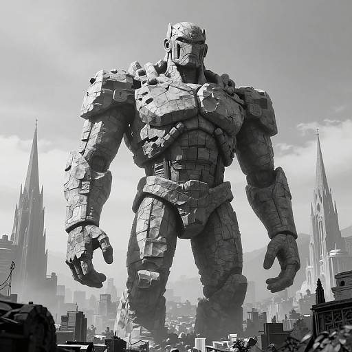 CGI image of a massive, blocky, metallic robot standing in a futuristic cityscape with towering spires and skyscrapers in the background.