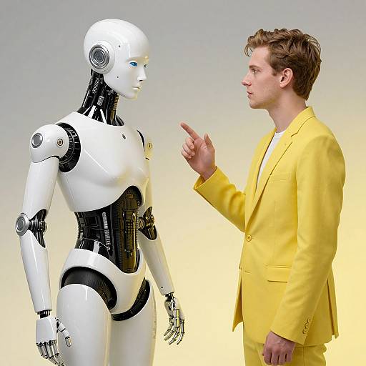 Photograph of a man in a yellow suit pointing at a white humanoid robot with black mechanical joints, set against a gradient gray background.