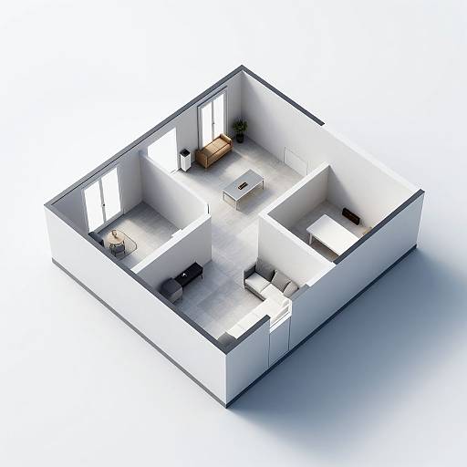 Isometric digital floor plan of a modern apartment with white walls, two rooms, a small table in one, and a sofa in the other. Bright