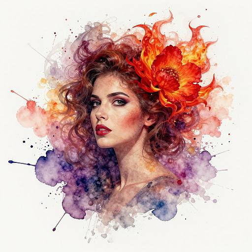 Digital watercolor portrait of a pale-skinned woman with curly brown hair, red lipstick, and a large vibrant red-orange flower on her head. Background