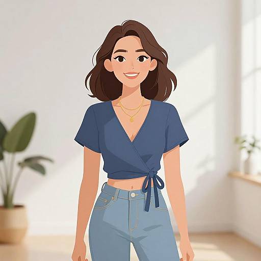 Digital illustration of a smiling woman with medium brown hair, wearing a blue V-neck crop top and high-waisted jeans, standing in a brightly lit