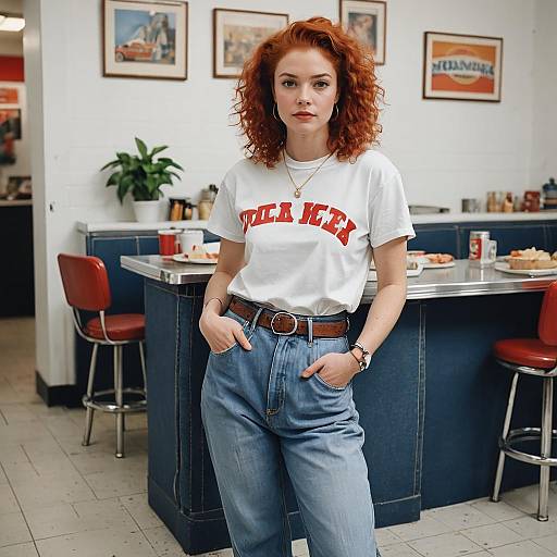 Fashionable Woman in Casual Y2K Outfit at Vintage Diner