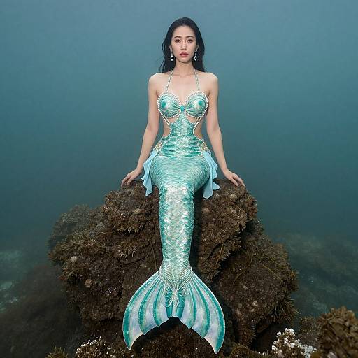 Photograph of an Asian mermaid with long black hair, wearing a shimmering turquoise tail and top, sitting on a coral reef underwater, surrounded by