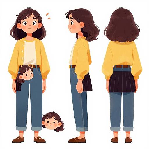 Digital illustration of a young woman with black hair, yellow cardigan, white blouse, blue pants, brown shoes, and a black bag. Multiple angles