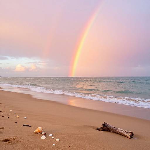 Photograph of a serene beach at sunset with a vibrant rainbow arching over calm ocean waves, sandy shore with driftwood, seashells, and