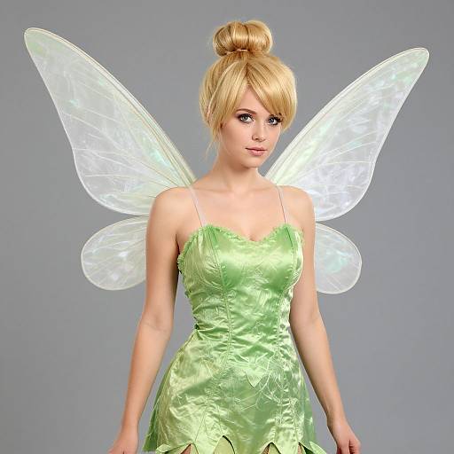 Photorealistic CGI of a blonde, fair-skinned fairy with translucent wings, wearing a green, floral-patterned, satin dress, and her hair