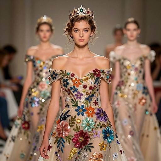Model in Floral Embellished Gown with Crown