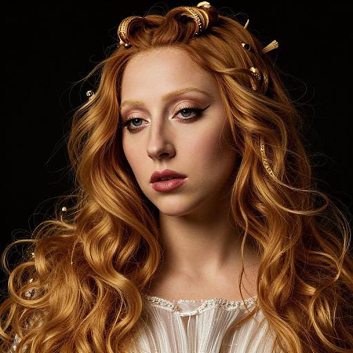 Photograph of a fair-skinned woman with long, wavy auburn hair, gold headpiece, and subtle makeup, wearing a white,
