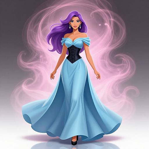 Digital illustration of a beautiful woman with long purple hair, wearing a flowing blue off-shoulder gown with a black corset, surrounded by swirling pink