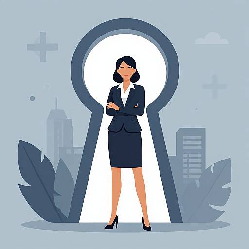 Digital illustration of a confident woman in a navy suit, standing with arms crossed, framed by a large keyhole against a cityscape background.