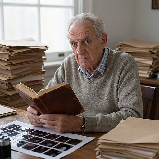Photograph of an elderly white man with white hair, wearing a gray sweater over a blue shirt, reading a book at a cluttered desk with stacks