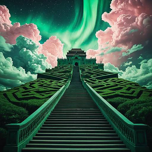 Aurora Sky Over Mystical Staircase and Maze