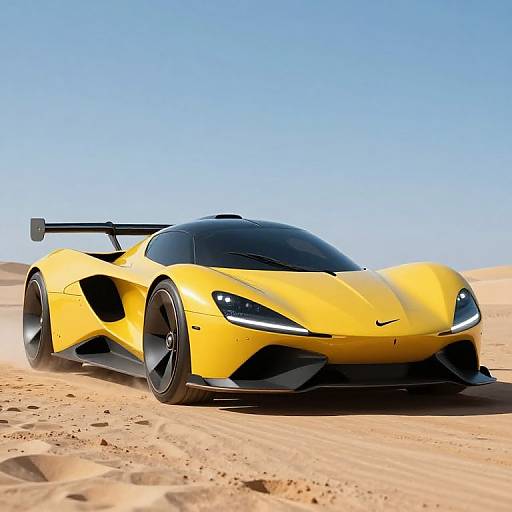Photograph of a sleek, yellow sports car with black accents and a rear spoiler, parked in a desert with clear blue sky.
