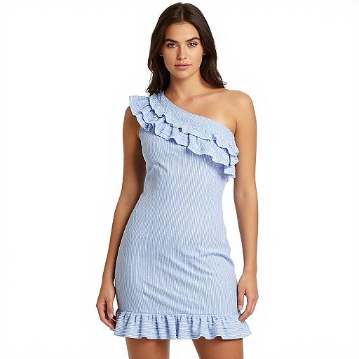 Photograph of a young woman with straight dark brown hair, wearing a light blue, one-shoulder, ruffled, striped dress with a hem