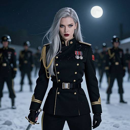 Digital art of a stern, silver-haired woman in a black military uniform with gold trim, medals, and gloves, holding a sword under a moonlit
