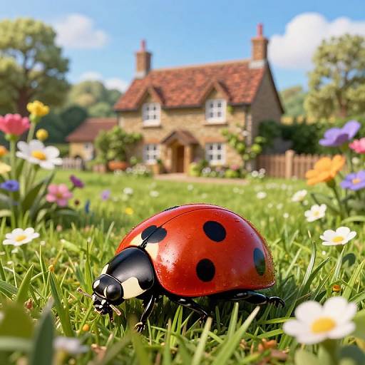 Photograph of a vibrant red ladybug with black spots on lush green grass, in front of a charming, stone cottage with a red-tiled roof