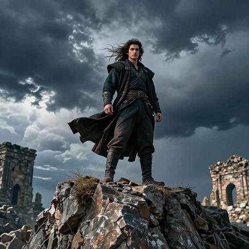Photograph-style digital artwork of a fierce, dark-haired warrior in black, wind-blown robes, standing on a rocky ruin under a stormy sky