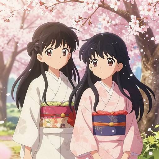 Anime-style drawing of two young girls with long black hair, wearing white kimonos with colorful obis, standing under cherry blossom trees.