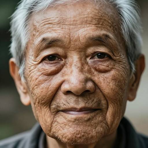 Close-up photograph of an elderly Asian man with wrinkled, sun-weathered skin, short gray hair, and a gentle smile, wearing a dark