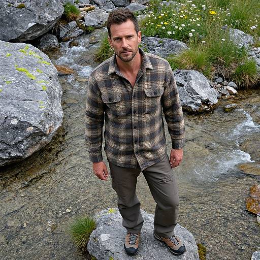 Photograph of a bearded man with short dark hair, wearing a plaid shirt and brown pants, standing on rocks by a flowing stream surrounded by